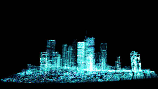 istock Futuristic digital city  with a particles trails. Technology and connection concept. 2156770514
