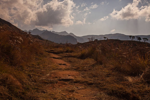 A hiking trail in the Drakensberg Mountains near Cathedral Peak.