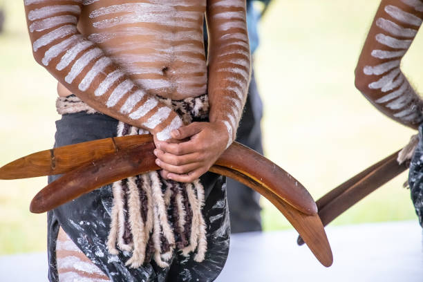 Adelaide, Australia - 01.06.2024: Australian Aboriginal Welcome to Country and Dance Performance at the free community event. Celebration of Reconciliation Week at the Living Kaurna Cultural Centre. Human hand holds boomerangs