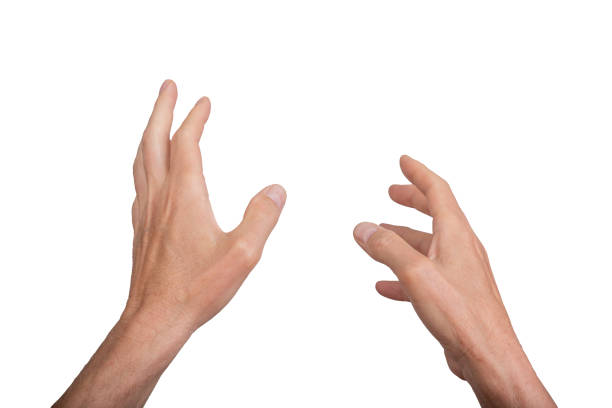 Hand reaching out, point of view POV perspective, isolated on white background. Gesture indicating Hand reaching out, point of view POV perspective, isolated on white background. Gesture indicating interaction or virtual reality, ideal for technology and communication concepts. left handed catcher stock pictures, royalty-free photos & images