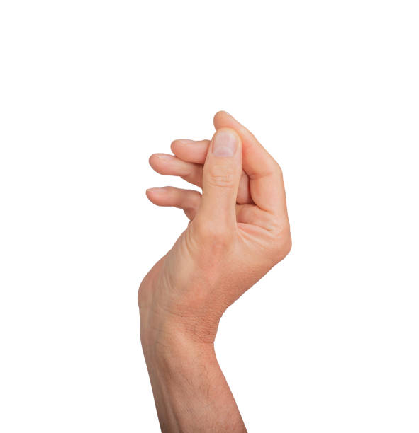 Hand holding something small, isolated on white background. Gesture indicating a pinch or grasp,