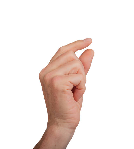 istock Hand holding a little bit of something, isolated on white background. Gesture indicating a pinch or 2156774211