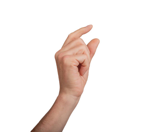 istock Hand holding a little bit of something, isolated on white background. Gesture indicating a pinch or 2156774214