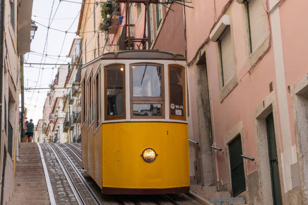 istock Yellow Tram Ascending a Steep Lisbon Street 2156774842