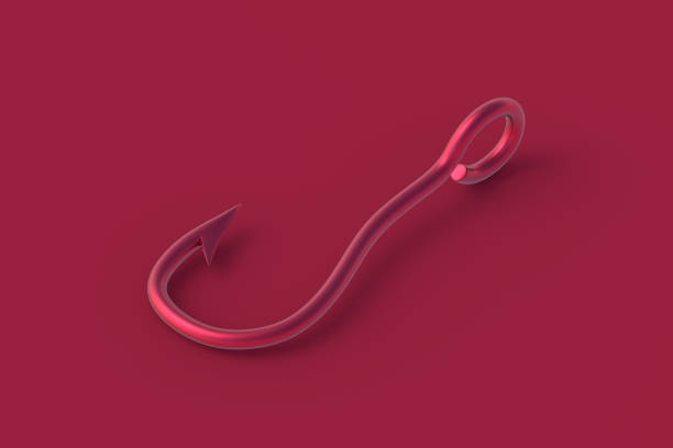 Fishing hook of magenta on red background. 3d render