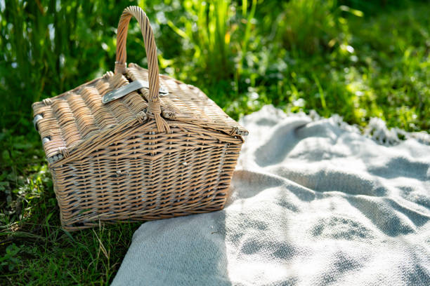 istock Wicker basket for summer picnic in the green 2156785325