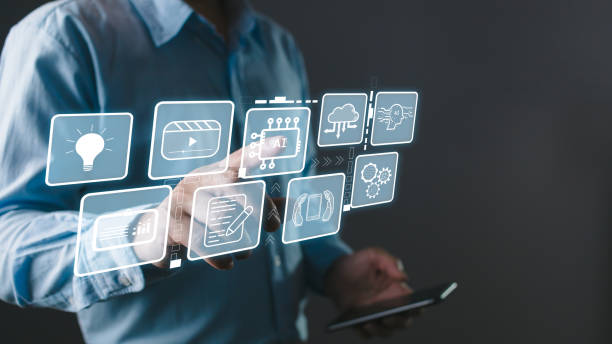 istock Man touch icon ai and use smartphone, Marketers education, research, analyze media video streaming content creation and online marketing strategies to grow their digital business. 2156790697