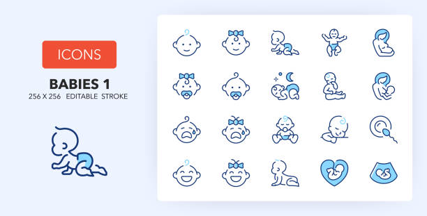 Line icons about babies and maternity. Contains such icons as lactation, fetus, insemination and more. 256x256 Pixel Perfect editable in two colors. Set 1 of 2