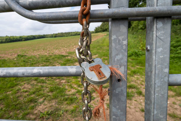 istock Padlock and chain securing a gate to a field on a farm 2156800693