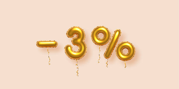 istock Discount creative composition with gold 3 percent off. 3d Golden sale symbol with decorative balloon numbers, minus and percent signs. Sale banner or poster on beige background vector illustration 2156802701
