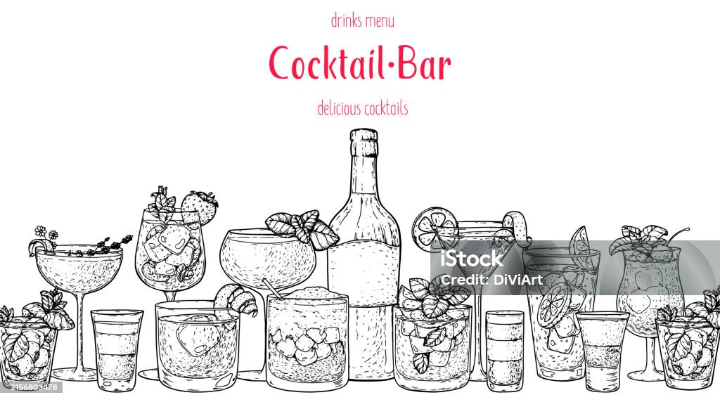 Alcohol Frame Alcoholic Cocktails Frame Hand Drawn Vector Illustration Cocktails ...