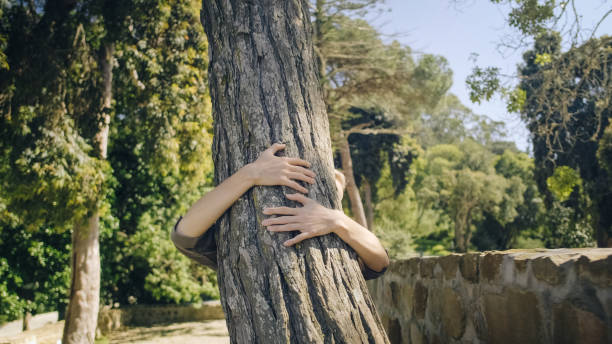 istock Young woman hugs tree in forest 2156807620
