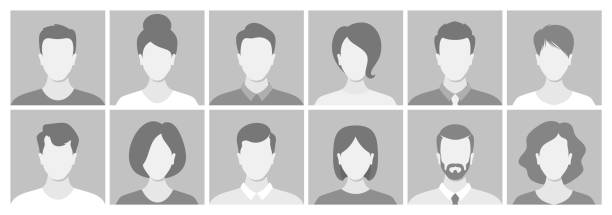 Collection Of Twelve Monochrome Face Placeholders In A Grid Layout. Vector Diverse People Avatars, Social Media Profiles Collection Of Twelve Monochrome Face Placeholders In A Grid Layout. Vector Diverse People Avatars, Social Media Profiles. Each Figure Demonstrates Simplicity And Versatility For Various Applications face-placeholder stock illustrations