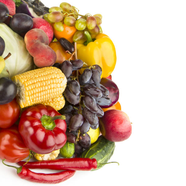 istock Collection fruits and vegetables isolated on a white. Free space for text. 2156809357
