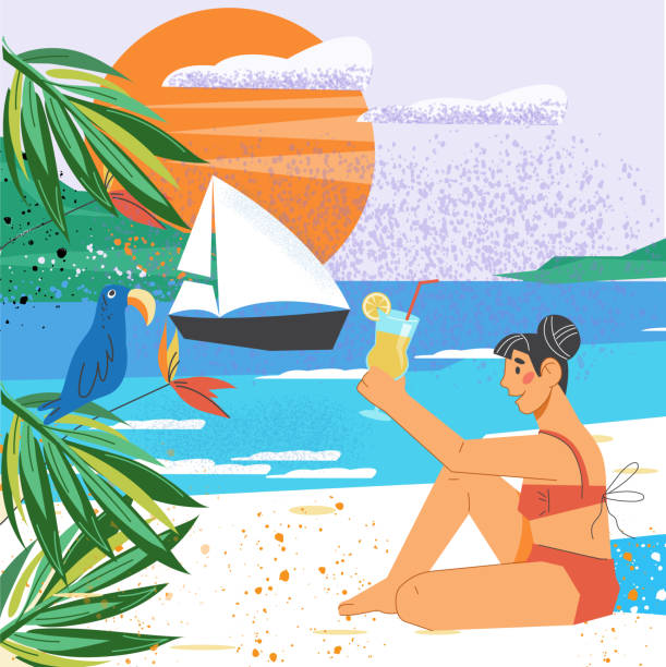 istock Woman on a tropical beach enjoying vacation and drink. Summer beach holiday. 2156810075