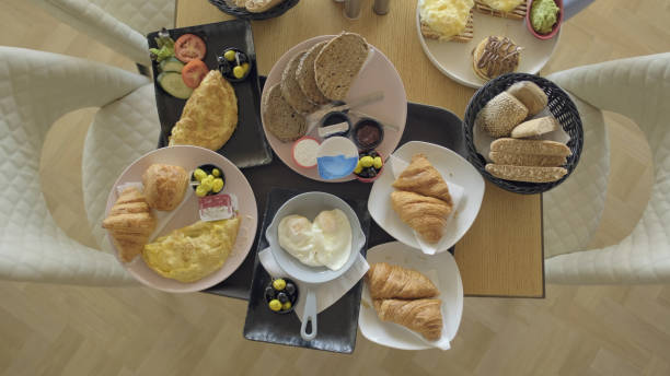 View of a healthy meal including breads at restaurant