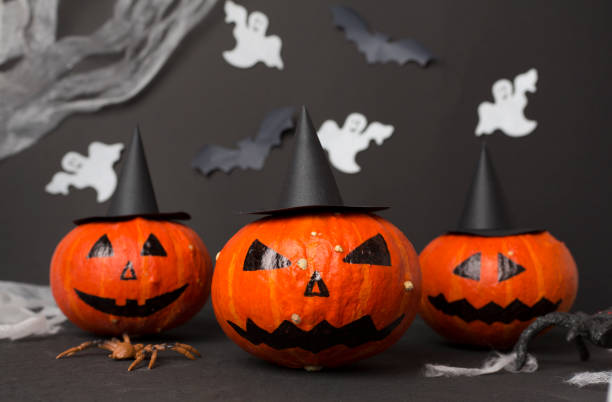 istock Halloween composition with jack o lanter decor on black background 2156823655