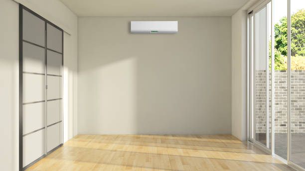 istock modern bright interiors room with air conditioning and remote control illustration 3D rendering 2156828119