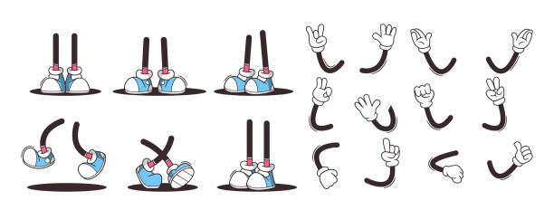 Stylized Of Retro Cartoon Hands And Legs In Various Poses And Gestures such as Pointing, Waving, And Showing Peace Signs. Legs wear Blue Shoes in Motions. Vector Set For Creating Animation Designs