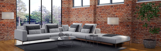 istock Modern 3d illustration Banner Relaxing and Comfortable Modern Living Room with Sofas Armchairs Windows Rugs Coffee Tables Curtains and Bookshelves 2156842343