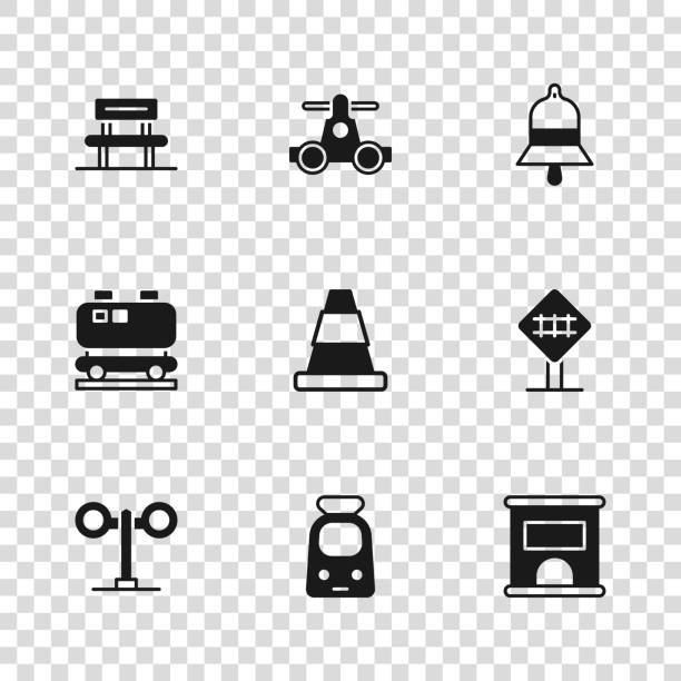 Set Train and railway Railroad crossing Ticket office to buy tickets Traffic cone station bell Waiting hall Handcar transportation and Oil cistern icon. Vector.