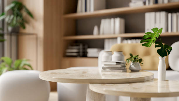 istock A space on a round neutral marble coffee table in a modern, comfortable living room. 2156853100