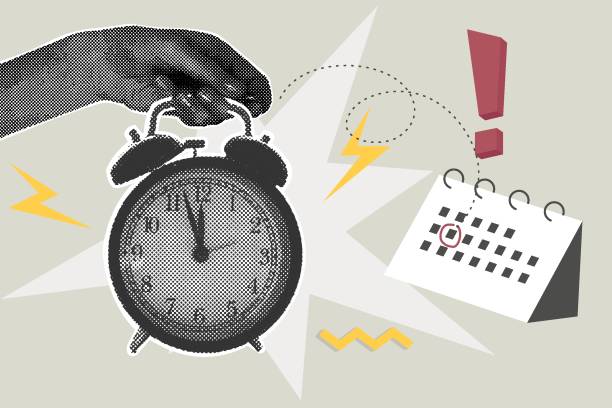 Trendy halftone collage. A hand holds a ringing alarm clock. Reminder on calendar. Vector business concepts for graphic and web design, marketing and print materials, social media. Trendy halftone collage. A hand holds a ringing alarm clock. Reminder on calendar. Vector business concepts for graphic and web design, marketing and print materials, social media. Vector illustration popart hand stock illustrations