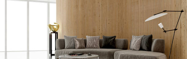 istock Modern 3d illustration Banner Relaxing and Comfortable Modern Living Room with Sofas Armchairs Windows Rugs Coffee Tables Curtains and Bookshelves 2156860970