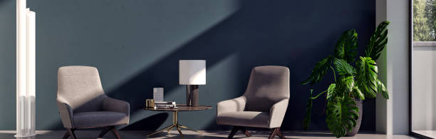 istock Modern 3d illustration Banner Relaxing and Comfortable Modern Living Room with Sofas Armchairs Windows Rugs Coffee Tables Curtains and Bookshelves 2156860977