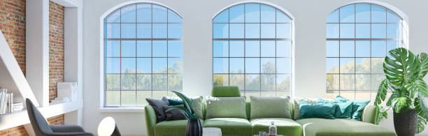 istock Modern 3d illustration Banner Relaxing and Comfortable Modern Living Room with Sofas Armchairs Windows Rugs Coffee Tables Curtains and Bookshelves 2156860997