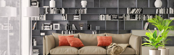 istock Modern 3d illustration Banner Relaxing and Comfortable Modern Living Room with Sofas Armchairs Windows Rugs Coffee Tables Curtains and Bookshelves 2156861061