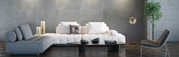 istock Modern 3d illustration Banner Relaxing and Comfortable Modern Living Room with Sofas Armchairs Windows Rugs Coffee Tables Curtains and Bookshelves 2156861375