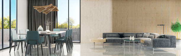 istock Modern 3d illustration Banner Relaxing and Comfortable Modern Living Room with Sofas Armchairs Windows Rugs Coffee Tables Curtains and Bookshelves 2156861747