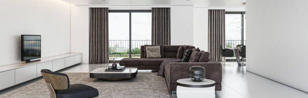 Modern 3d illustration Banner Relaxing and Comfortable Modern Living Room with Sofas Armchairs Windows Rugs Coffee Tables Curtains and Bookshelves