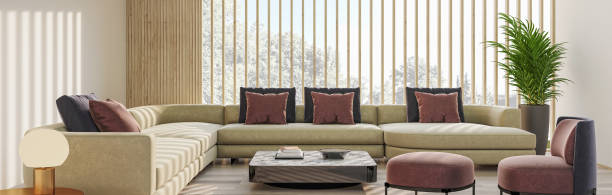 istock Modern 3d illustration Banner Relaxing and Comfortable Modern Living Room with Sofas Armchairs Windows Rugs Coffee Tables Curtains and Bookshelves 2156863734