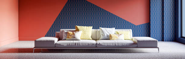istock Modern 3d illustration Banner Relaxing and Comfortable Modern Living Room with Sofas Armchairs Windows Rugs Coffee Tables Curtains and Bookshelves 2156864153
