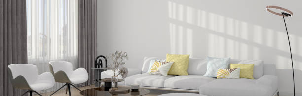 istock Modern 3d illustration Banner Relaxing and Comfortable Modern Living Room with Sofas Armchairs Windows Rugs Coffee Tables Curtains and Bookshelves 2156864168