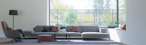 istock Modern 3d illustration Banner Relaxing and Comfortable Modern Living Room with Sofas Armchairs Windows Rugs Coffee Tables Curtains and Bookshelves 2156864193