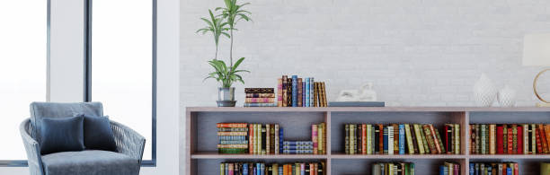 istock Modern 3d illustration Banner Relaxing and Comfortable Modern Living Room with Sofas Armchairs Windows Rugs Coffee Tables Curtains and Bookshelves 2156864219
