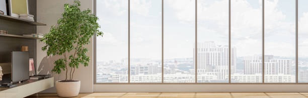 istock Modern 3d illustration Banner Relaxing and Comfortable Modern Living Room with Sofas Armchairs Windows Rugs Coffee Tables Curtains and Bookshelves 2156864264