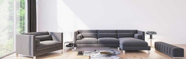 istock Modern 3d illustration Banner Relaxing and Comfortable Modern Living Room with Sofas Armchairs Windows Rugs Coffee Tables Curtains and Bookshelves 2156864316