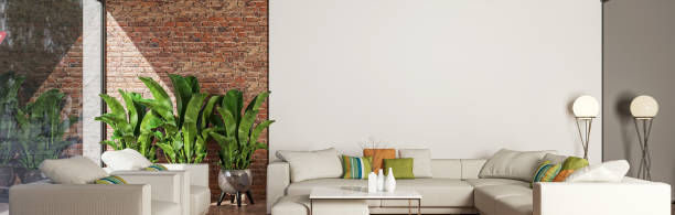 istock Modern 3d illustration Banner Relaxing and Comfortable Modern Living Room with Sofas Armchairs Windows Rugs Coffee Tables Curtains and Bookshelves 2156864345