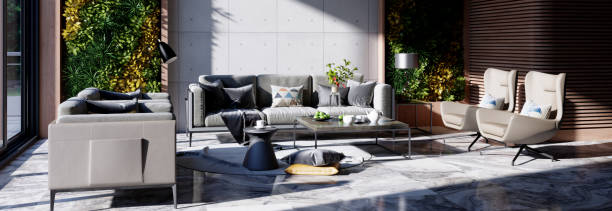 istock Modern 3d illustration Banner Relaxing and Comfortable Modern Living Room with Sofas Armchairs Windows Rugs Coffee Tables Curtains and Bookshelves 2156864487