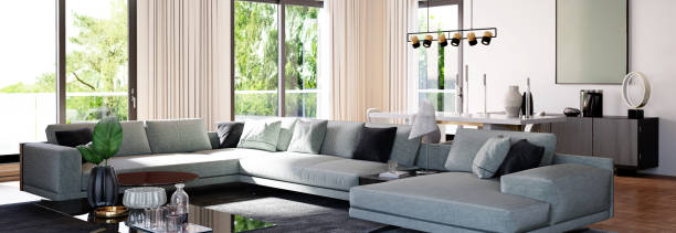 istock Modern 3d illustration Banner Relaxing and Comfortable Modern Living Room with Sofas Armchairs Windows Rugs Coffee Tables Curtains and Bookshelves 2156864504