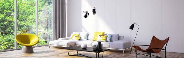 istock Modern 3d illustration Banner Relaxing and Comfortable Modern Living Room with Sofas Armchairs Windows Rugs Coffee Tables Curtains and Bookshelves 2156864537
