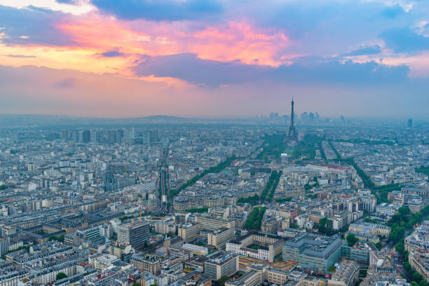 istock Paris France, high angle view sunset city skyline at Eiffel Tower view from Arc de Triomphe 2156866331
