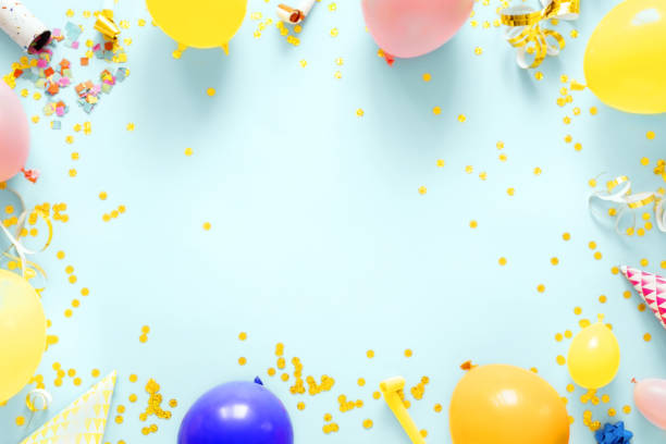 istock Flat lay decoration birthday party concept pastel blue border top view 2156873245