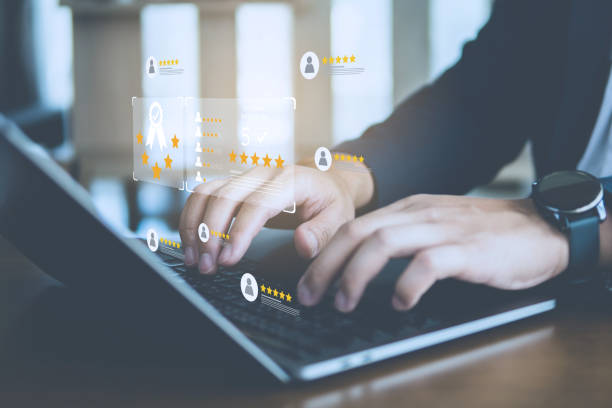 istock Customer review good rating concept, hand pressing user and five star icon on visual screen for positive customer feedback, testimonial and testimony, user comment and feedback for review. 2156873414