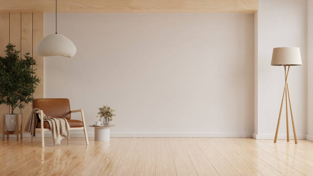 istock Minimal room with an leather armchair on empty white wall background- 3D rendering 2156876350