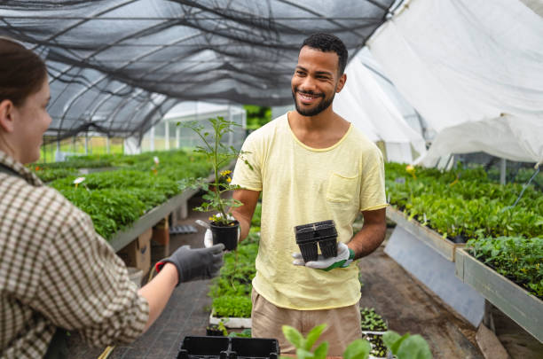 istock Diverse Team Tends Young Plants at Nursery 2156879075
